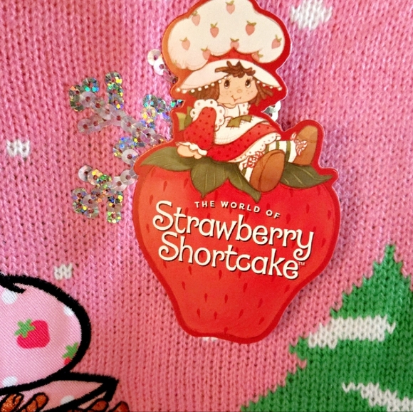 Strawberry Shortcake Festive Pink Embroidered Sequin Christmas Sweater - Picture 6 of 10